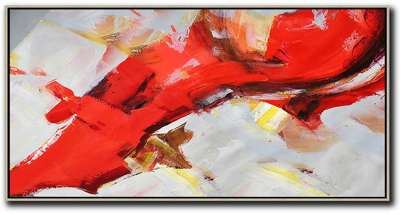 Abstract Painting Extra Large Canvas Art,Horizontal Palette Knife Contemporary Art Panoramic Canvas Painting,Hand Painted Aclylic Painting On Canvas Red,White,Yellow